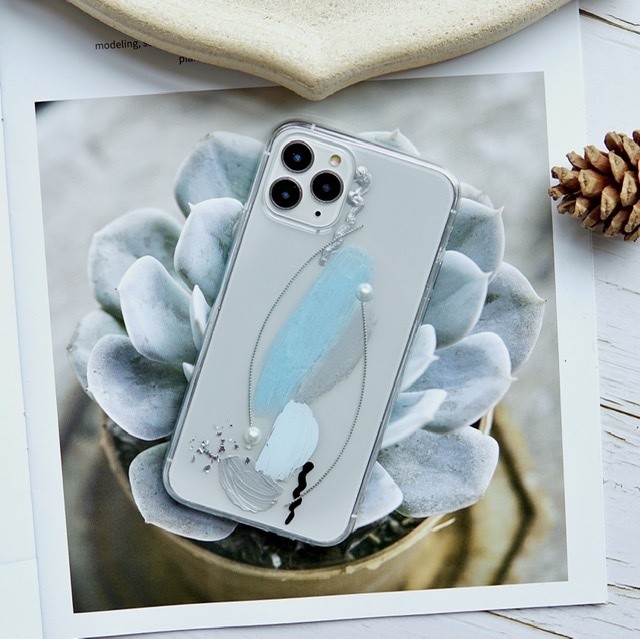 王道配色 ブルー グレーのワイヤーパールハンドペイントスマホケース かぶる率0 Gaacal