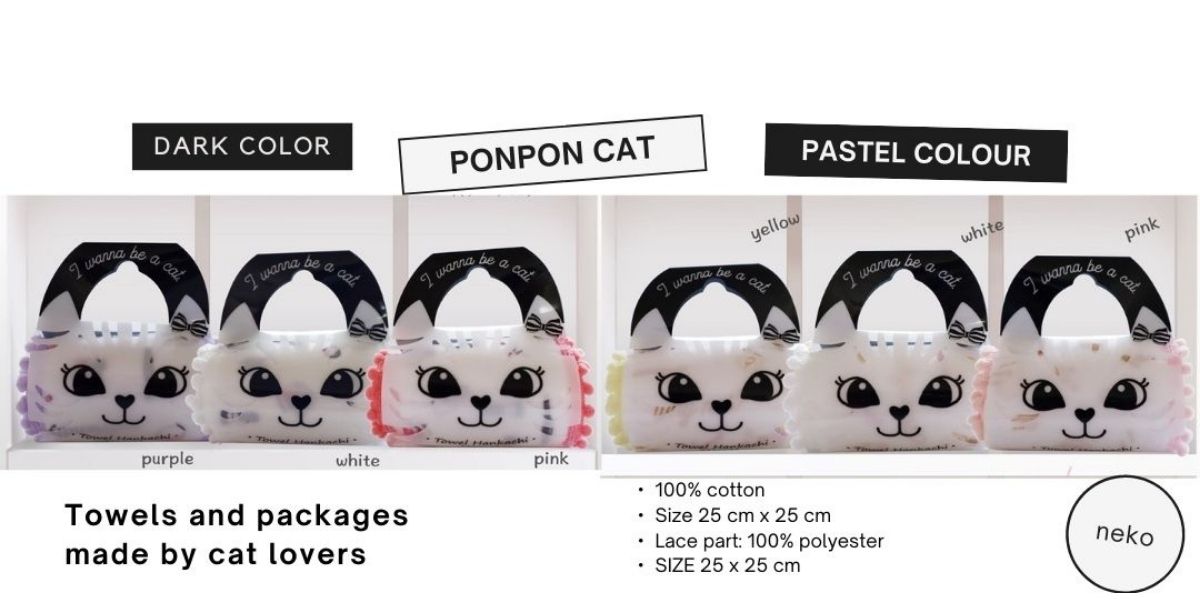 ネコ顔に、はみ出すポンポンレースがかわいい！ハンカチとして使って飾ってプレゼントして、人気商品です。
