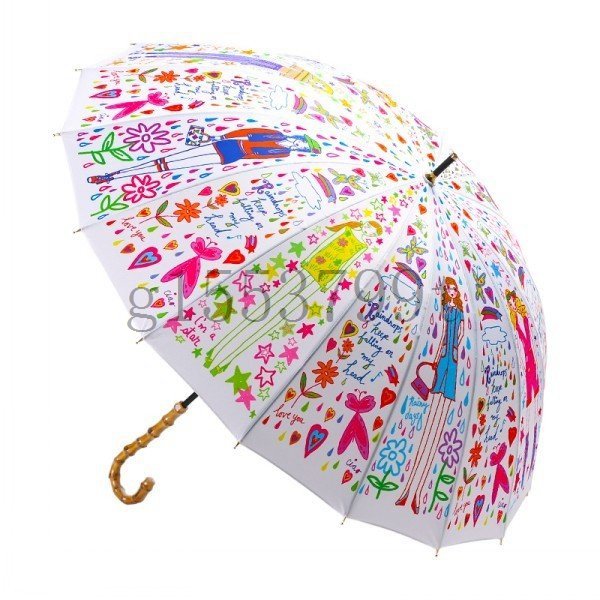 骨16本で丈夫。晴雨兼用で年中つかえる。雨の日が楽しくなるようなポップなデザインの長傘。