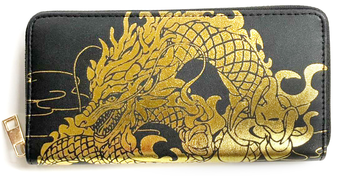 インパクトのある龍のイラストがかっこいい！マットな生地にきらきら映える金の箔押し長財布。
