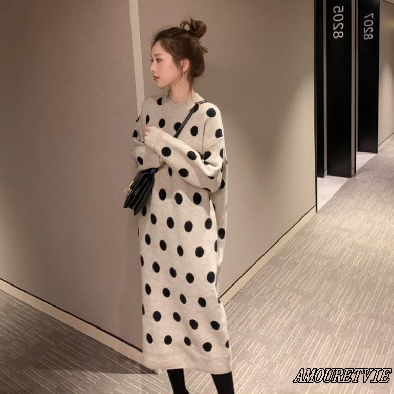 暖かみのある色あいに水玉模様がキュート☆カジュアルに着こなすロングセーター♪