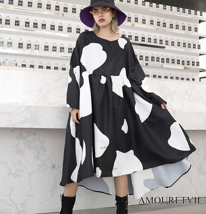 ビッグサイズの牛柄デザインがインパクト抜群 可愛いワンピースで日常を彩る楽しさを Amouretvie 韓国系 モード系 個性的ファッションの通販サイト