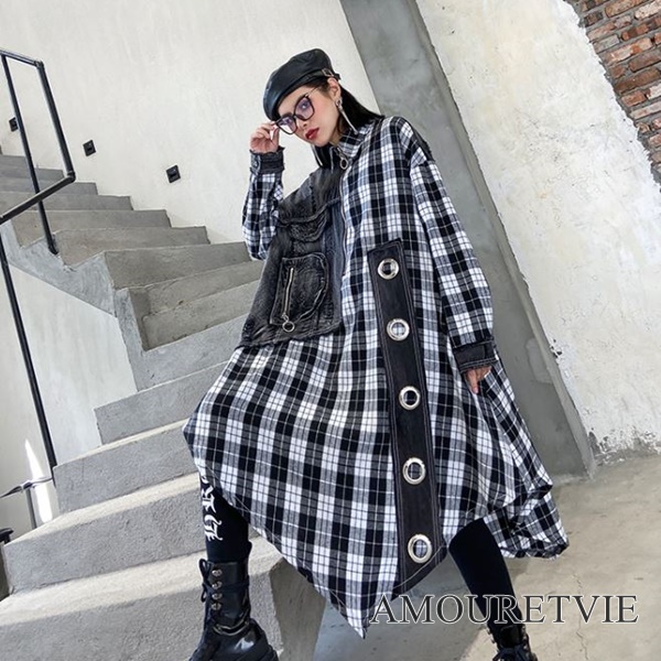 ワンピース兼ロングシャツとして活躍するモードな一着☆チェック柄はトレンドに左右されません♪