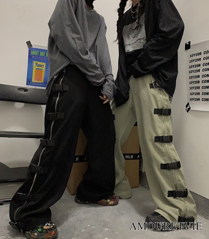バックルとジッパーが融合したオルチャン系カジュアルパンツ☆ユニセックスで着用できて実用性抜群♪