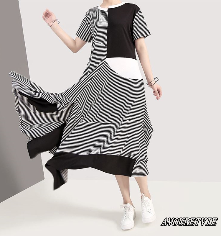 おしゃれなボーダー柄とアシメデザインが新しい個性的なワンピース Amouretvie 韓国系 モード系 個性的ファッションの通販サイト