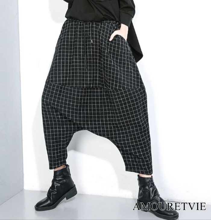 チェック柄がクールなモダンサルエルパンツ♪モードスタイルもオルチャンスタイルもOK！