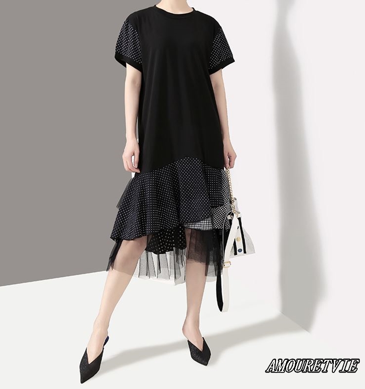メッシュ＋水玉チェックの贅沢な仕様のスカートが印象的な春夏ワンピース♪