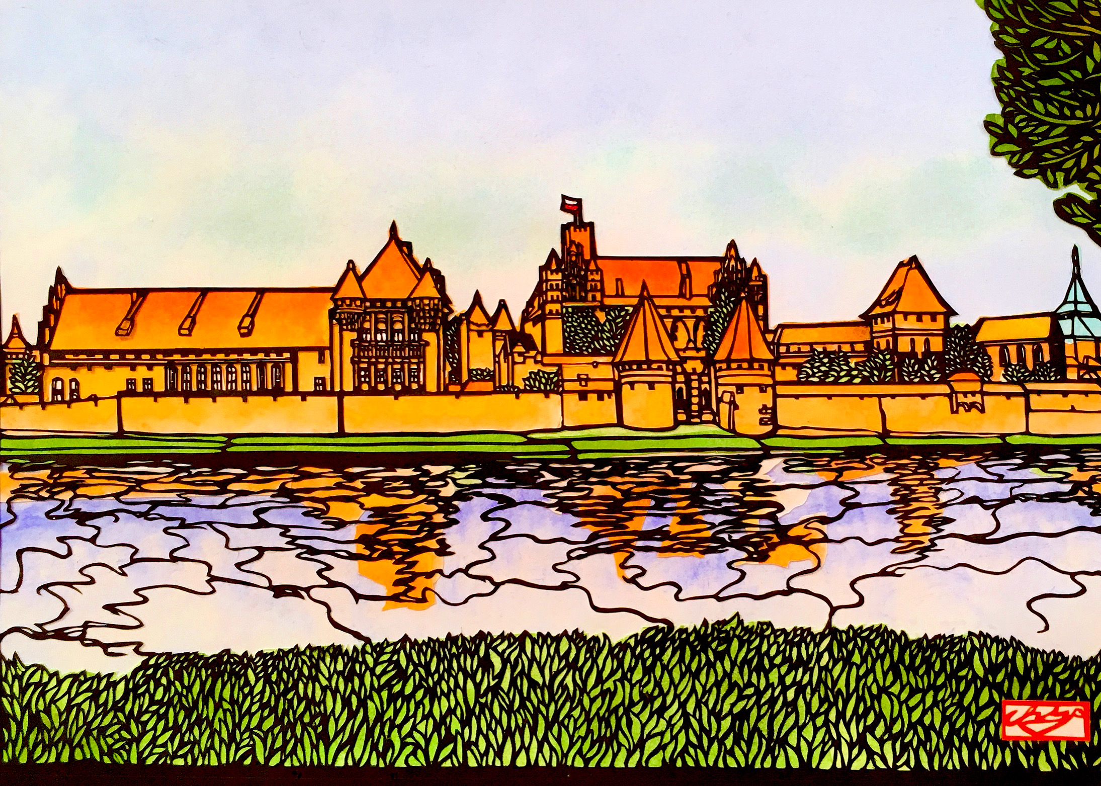 【切り絵】水面に映る美しい世界遺産マルボルク城。ポーランドの風景をお部屋に飾ってみませんか。