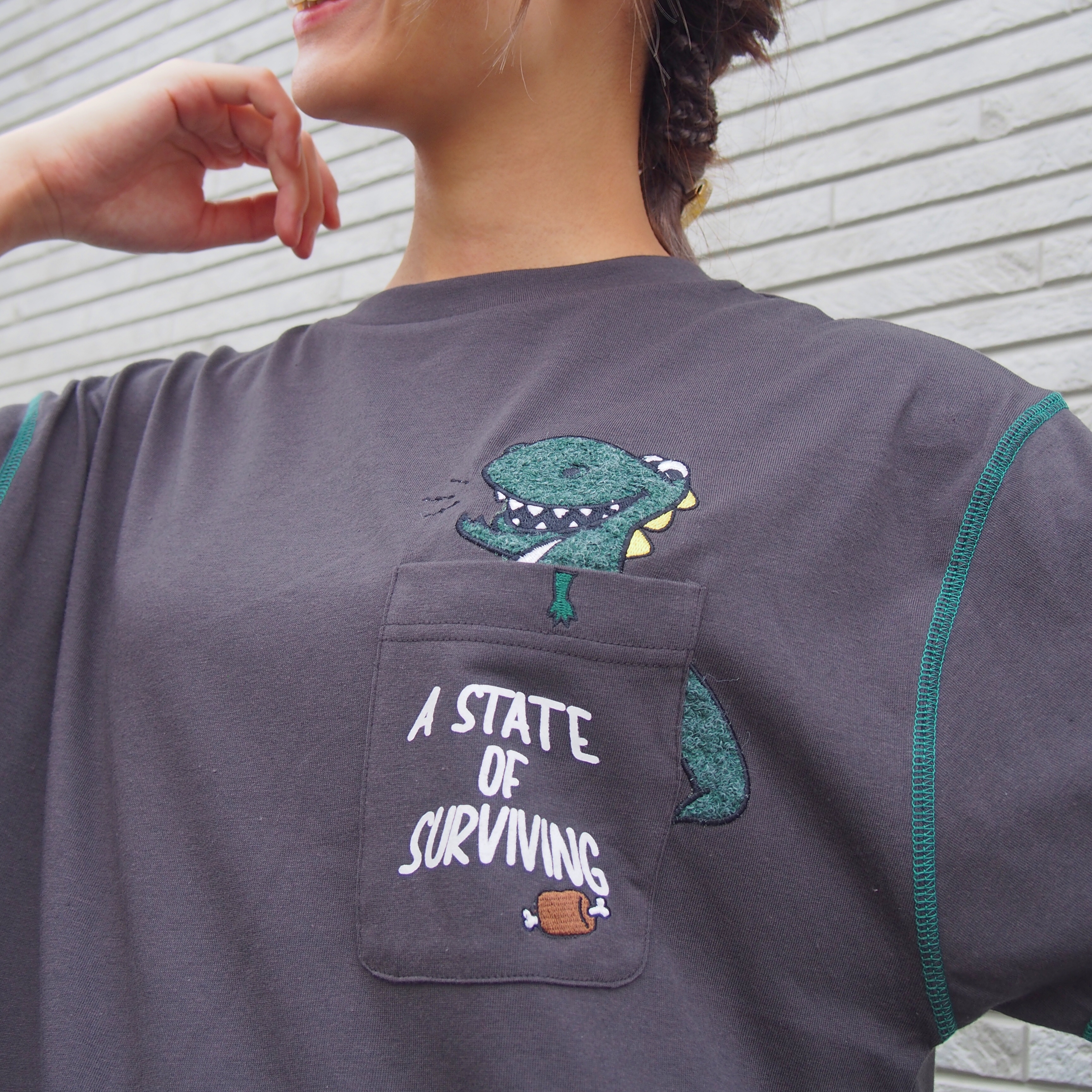 配色のステッチもおしゃれ✨恐竜ひょっこり刺繍ポケットTシャツ