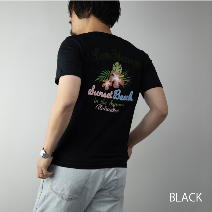 SKKONE Tシャツ メンズ 半袖 ロゴ ボタニカル 花柄 プリント サガラ刺繍 バック刺繍