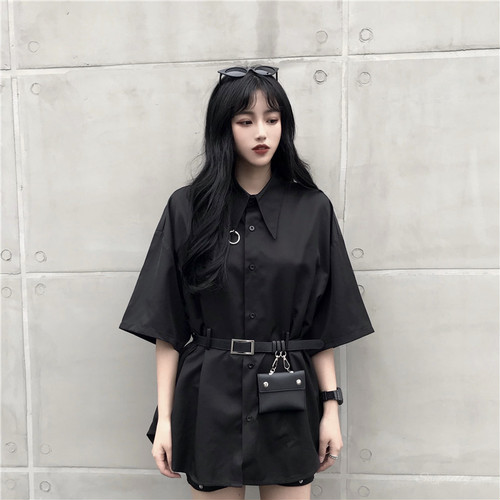 ファッション春夏ストリート系韓国風無地ベルト付きロング五分袖シャツ Base Mag
