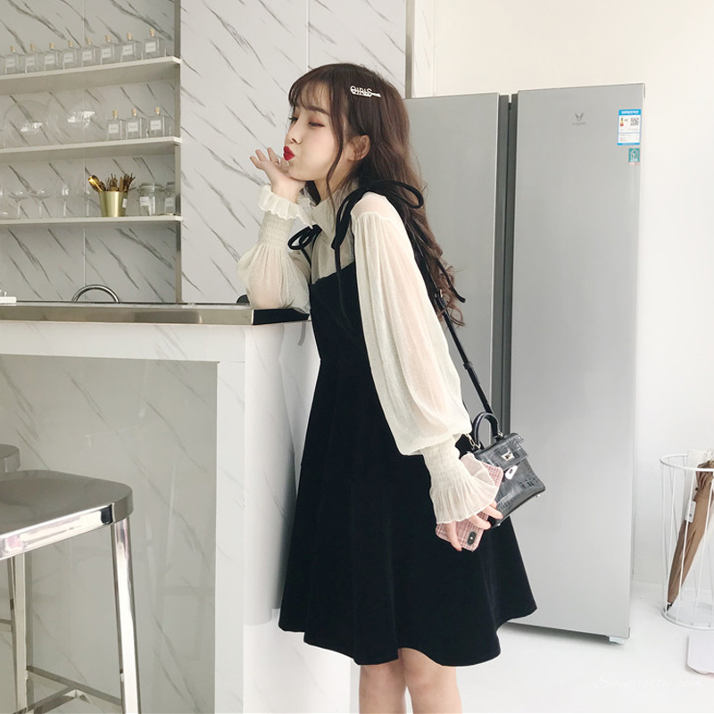 レトロスウィートキュート春夏長袖トップス Aラインワンピースセットアップ Base Mag