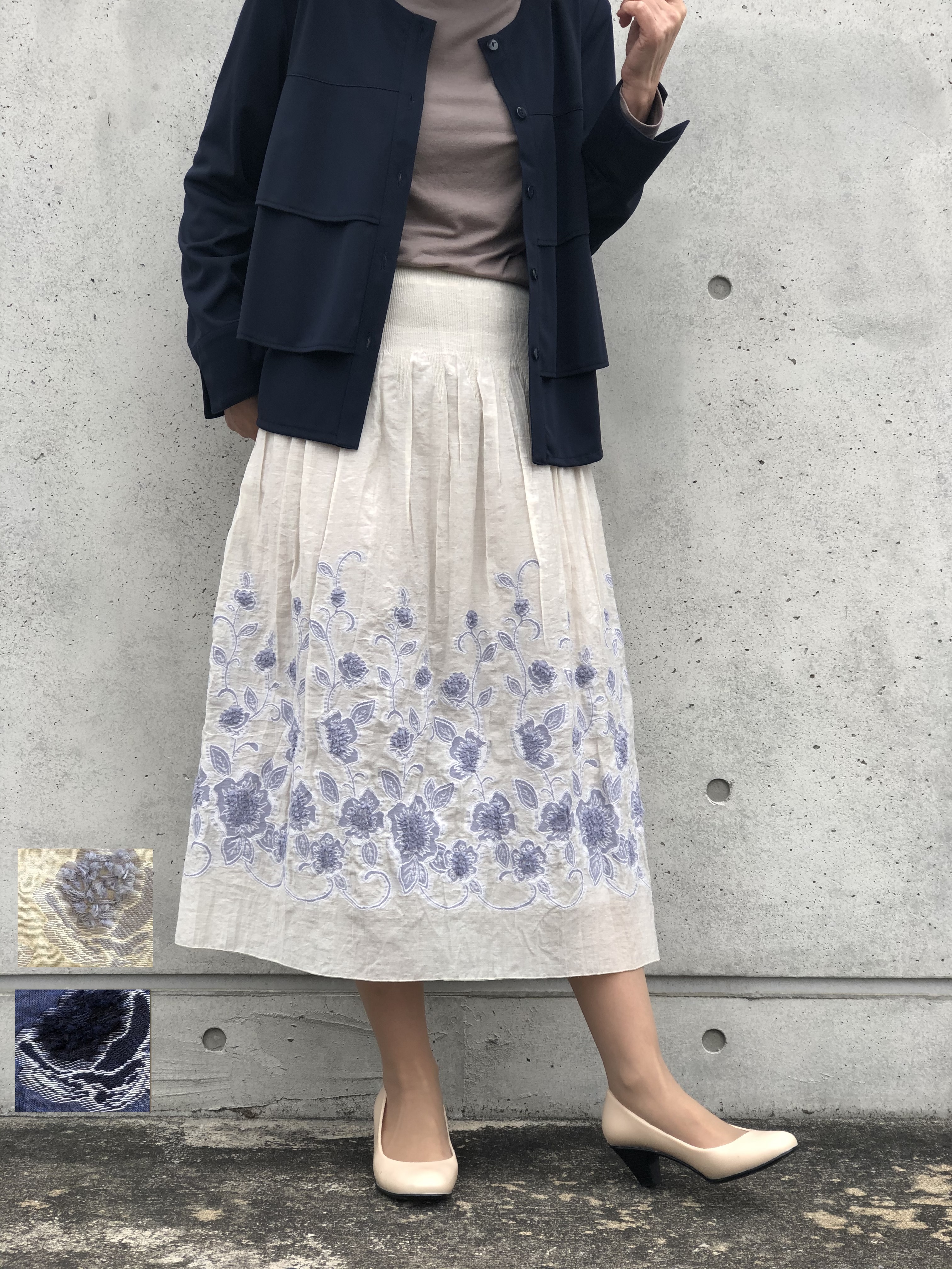 軽やかな花柄が立体的で透け感のある素材のパネルスカート【日本製】