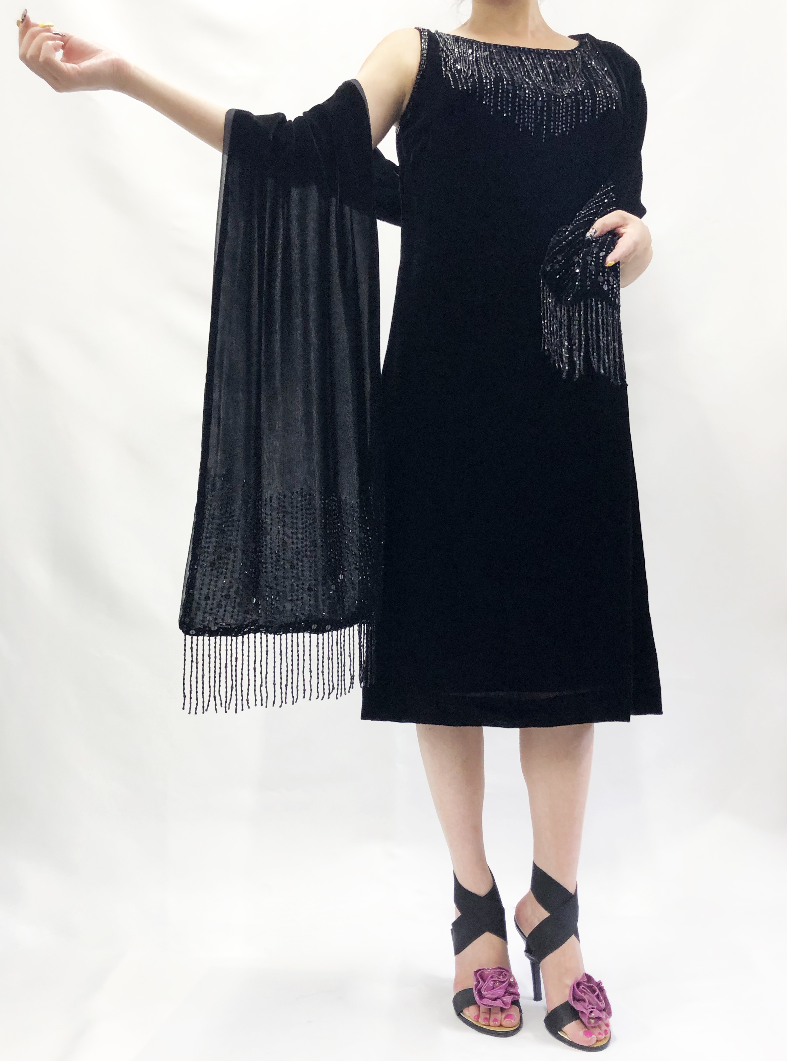 ビーズフリンジベルベットワンピース ストールセットアップ Base Mag