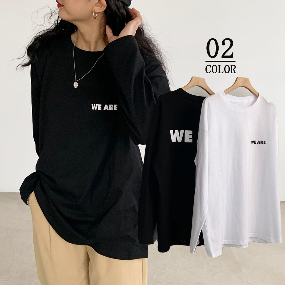 Tシャツ レディーストップス 長袖カットソー 韓国 英字ロゴ 体型カバー ゆったり 