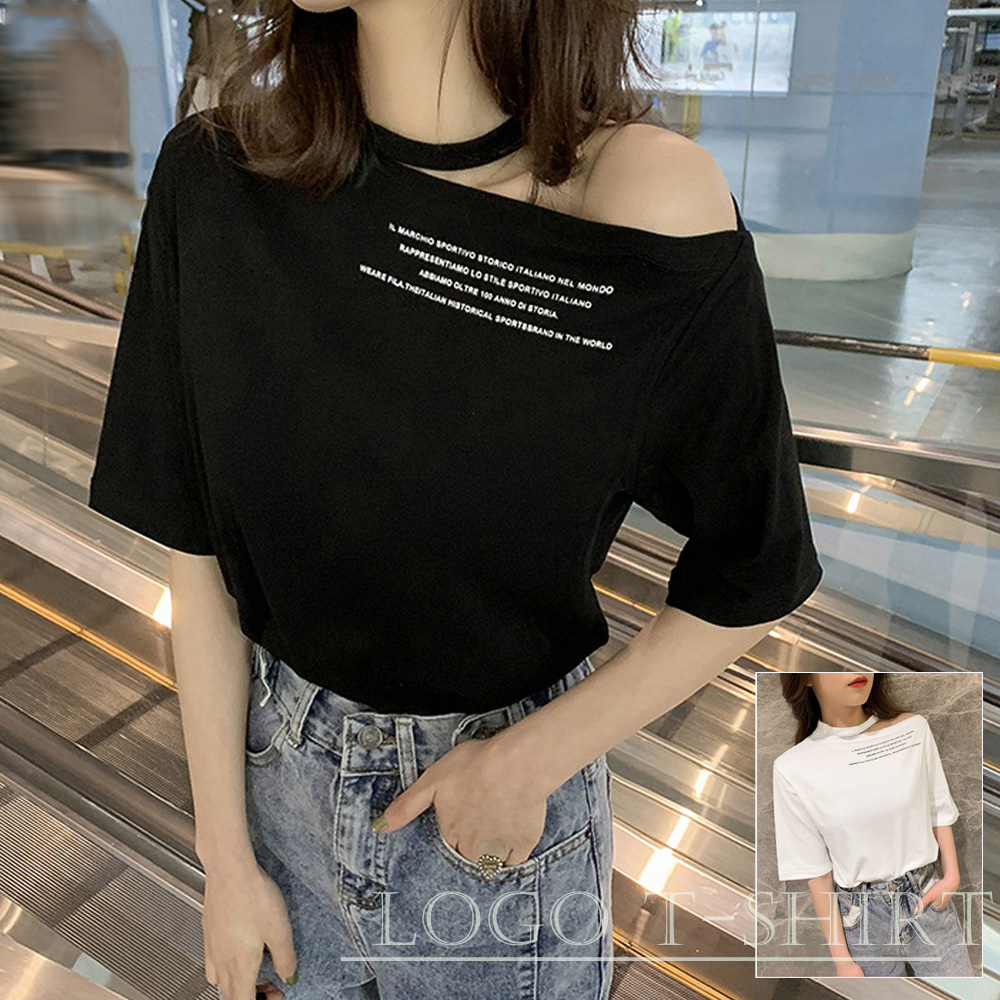 ワンショルダー ｔシャツ レディース ロゴ カットソー 半袖 トップス 春夏 肩あき