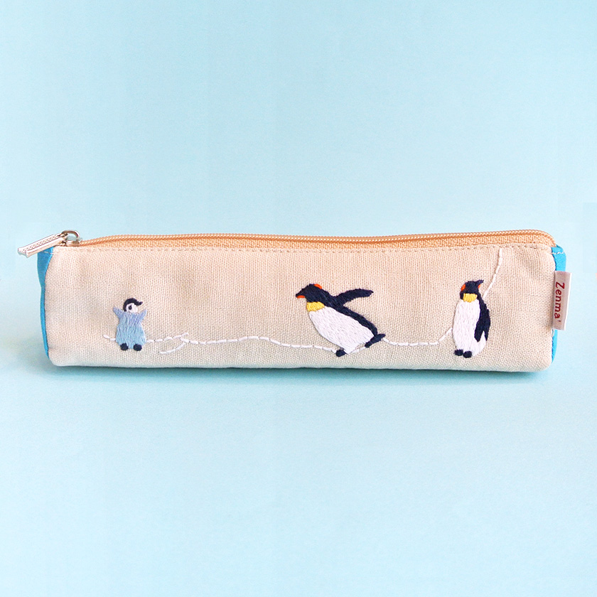 ペンギン刺繍×涼しげ素材♪両側面の爽やかブルーがポイントのスリムペンケース