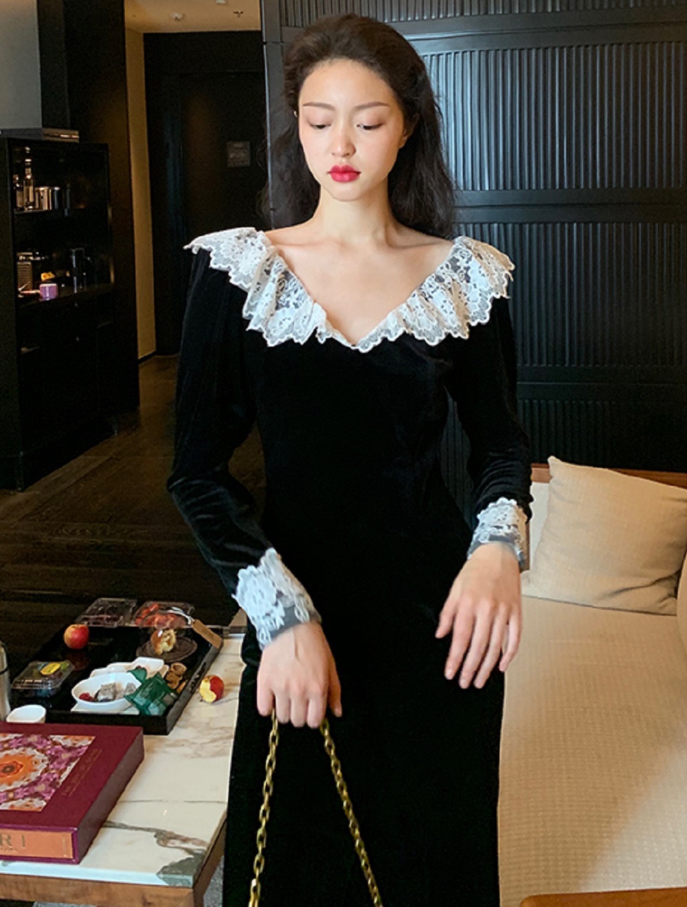 マキシ丈ベルベットワンピース Base Mag