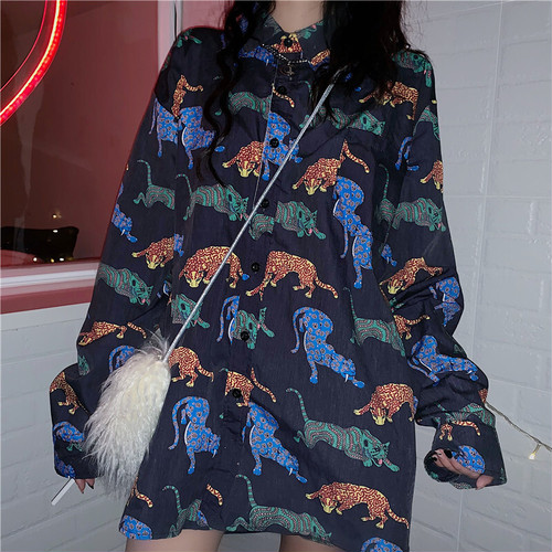 Rives レディース レトロ感のある カラフルヒョウ柄シャツ Rives Rives レディース レトロ感のある カラフルヒョウ柄シャツ Rives
