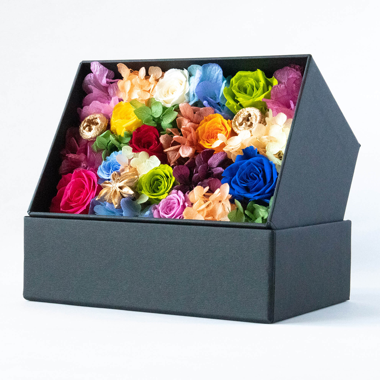 鮮やかなでカラフルなバラとアジサイを贅沢に敷き詰めたプリザーブドフラワーボックス Base Mag