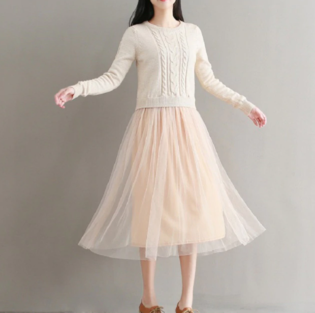 【超エレガント】森ガールのセータードレス【柔らかな白＋ピンク・秋冬にオススメ】