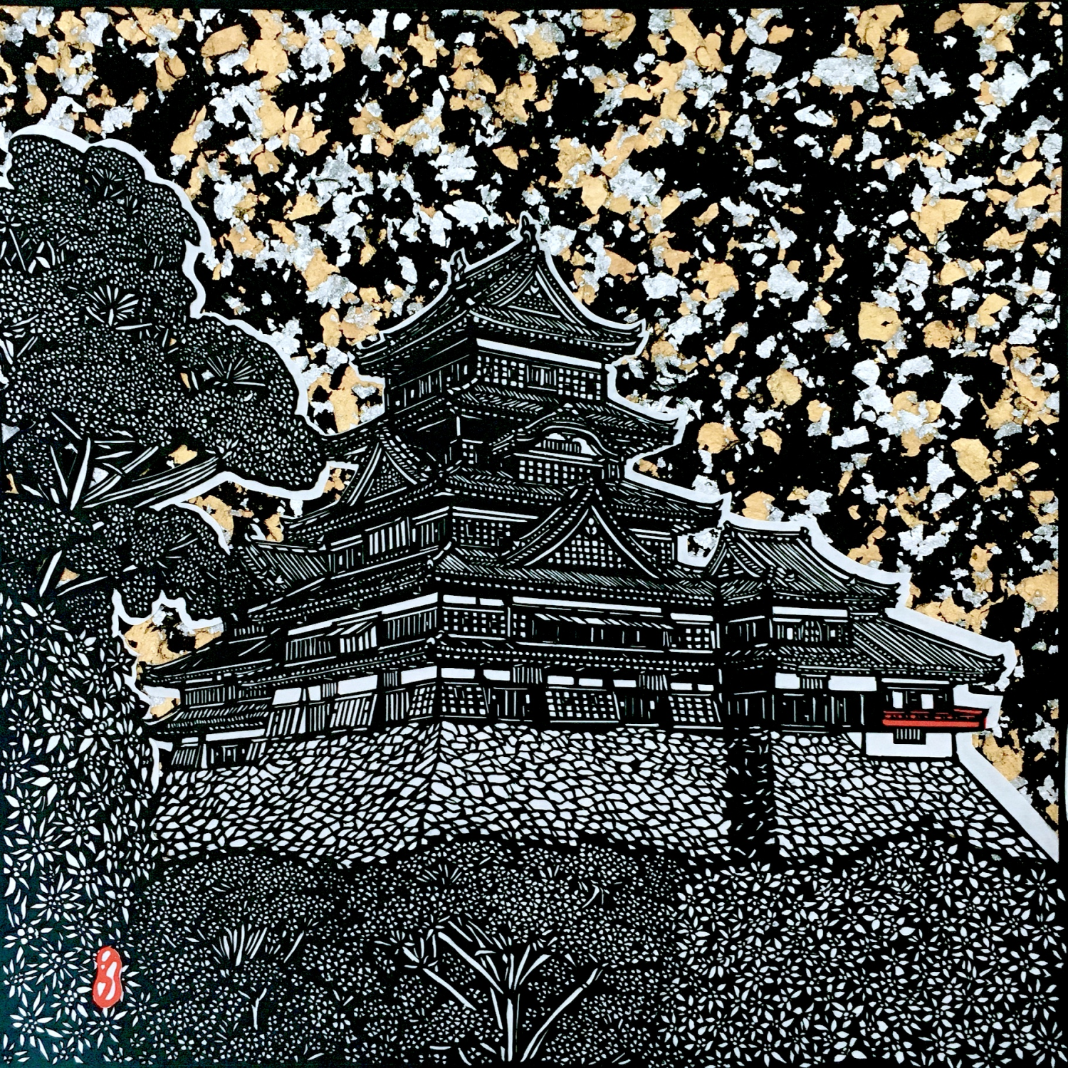 【切り絵】松本城とエーデルワイス　華やかさとシックさを持ち合わせた切り絵をお部屋に飾ってみませんか。