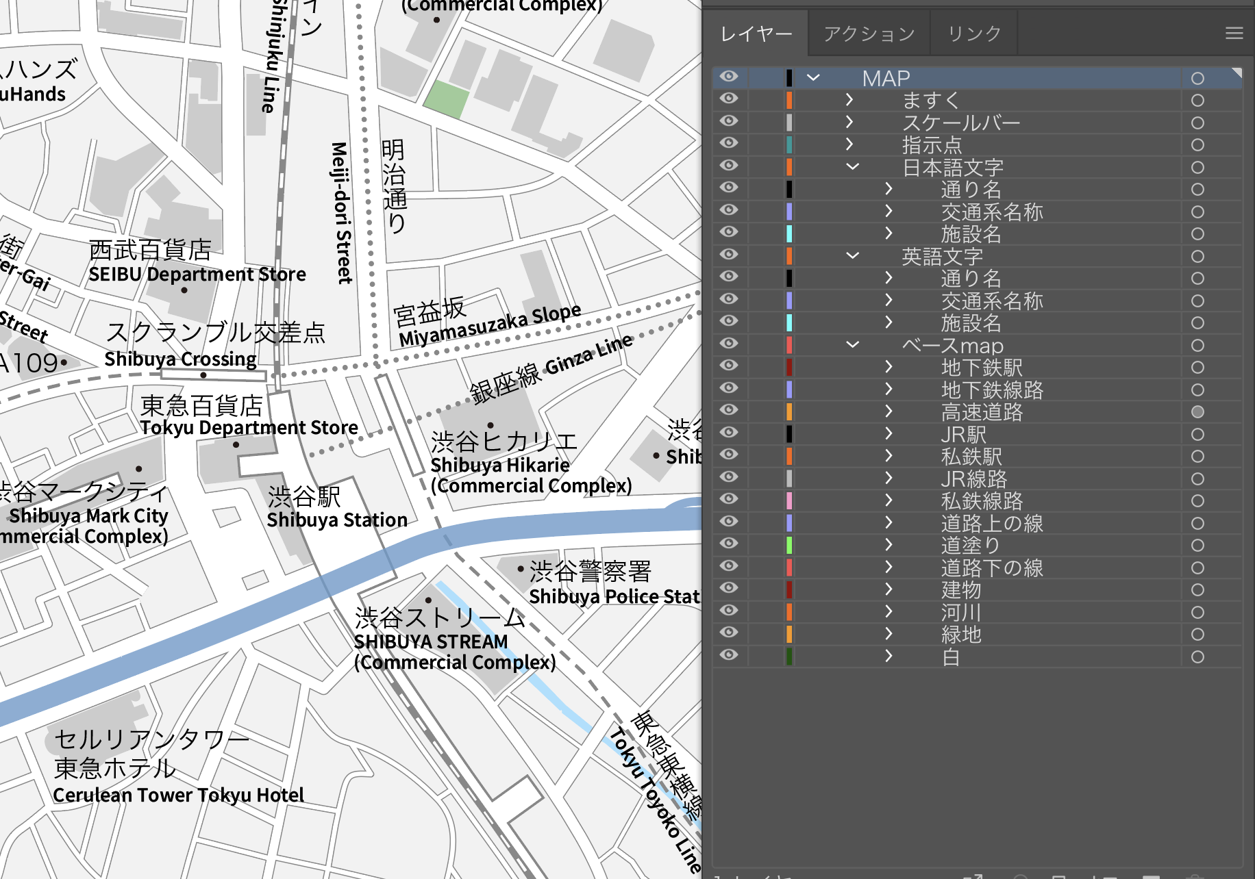 「編集・加工しやすい」に、こだわった地図 東京渋谷のイラストレーターデータ