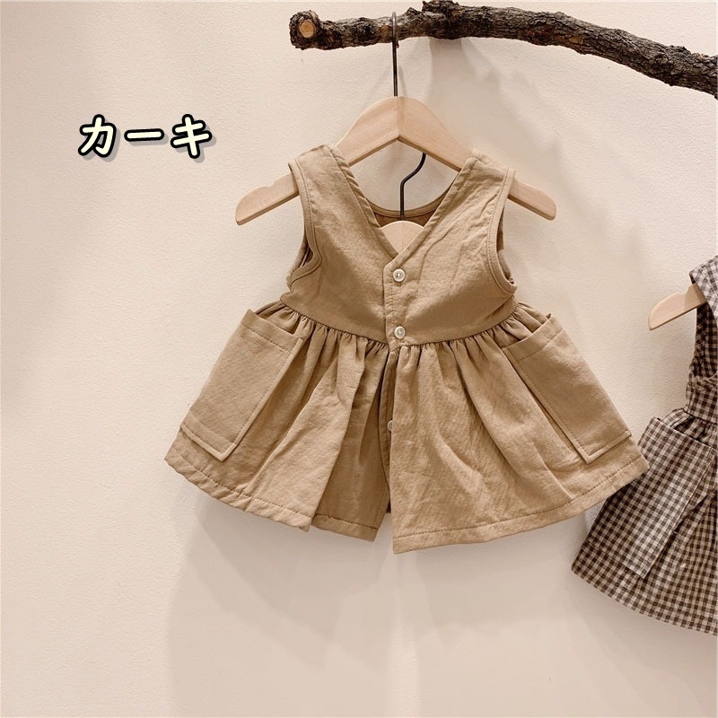 子供服 ワンピース 女の子 キッズ ベビー ジュニア ノースリーブ ドレス 子ども服 こども服 子ども 子供 秋服 春服 冬服 秋 春 冬 おでかけ かわいい おしゃれ 可愛い カジュアル シンプル 韓国子供服 韓国 韓国子ども服 ベージュ チェック コットン 80 130cm Be07l3