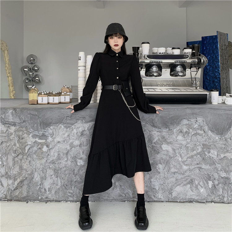 ワンピース 21年夏のニュースタイルイレギュラーブラックヘッジロングスリーブミドル丈ドレスフリーポケット Yochico 独自のストリートトレンドを定義づけましょう