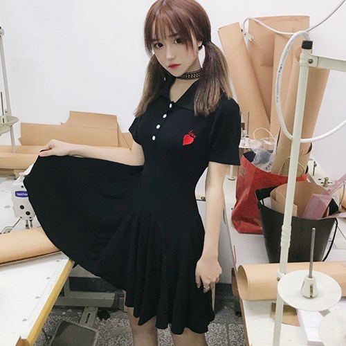 ゴスロリ ハート刺繍 ポロシャツ風ワンピース ワンピ Op カジュアル 半袖 夏物 普段使い ロリータ ひらひら Loli1369 Luxury