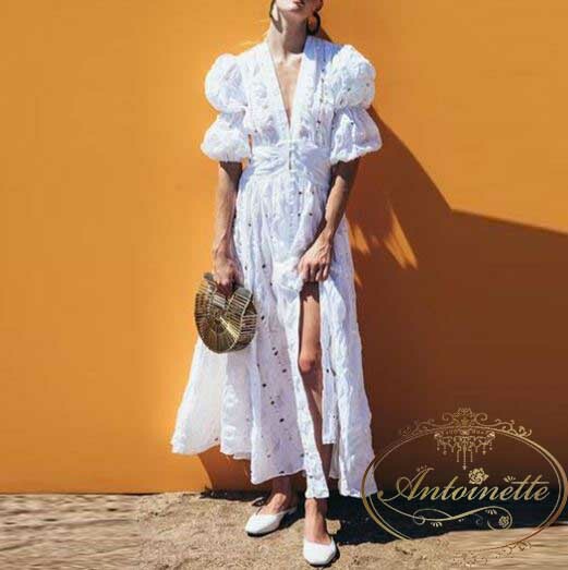 レディース サマードレス 白 ワンピ ワンピース 長袖 夏 湘南 海辺 リゾート 総柄 レース オーガンジー エスニック アジアン インド バルーンスリーブ きれいめ ハワイ Antoinette