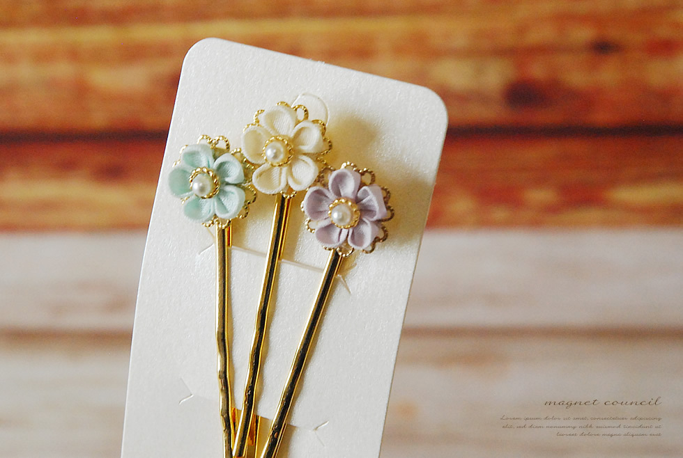 つまみ細工のヘアピン 3本セット E ハンドメイド雑貨magnet Council