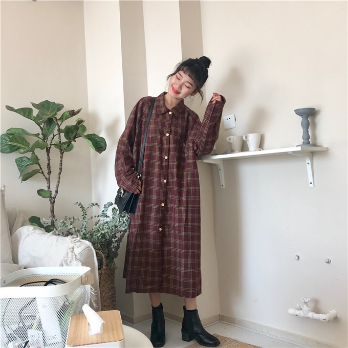 チェック ワンピース タータンチェック シャツワンピース ロングワンピース カジュアル ガーリー 韓国 オルチャン 韓国ファッション 新作 秋冬 秋 冬 Om 87 Musubi Me 韓国 オルチャン レディースファッションのお店