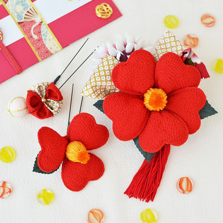 3点set 椿のちりめん髪飾り タッセル付き 赤 Wa0red Cha Cha 和の髪飾り専門店