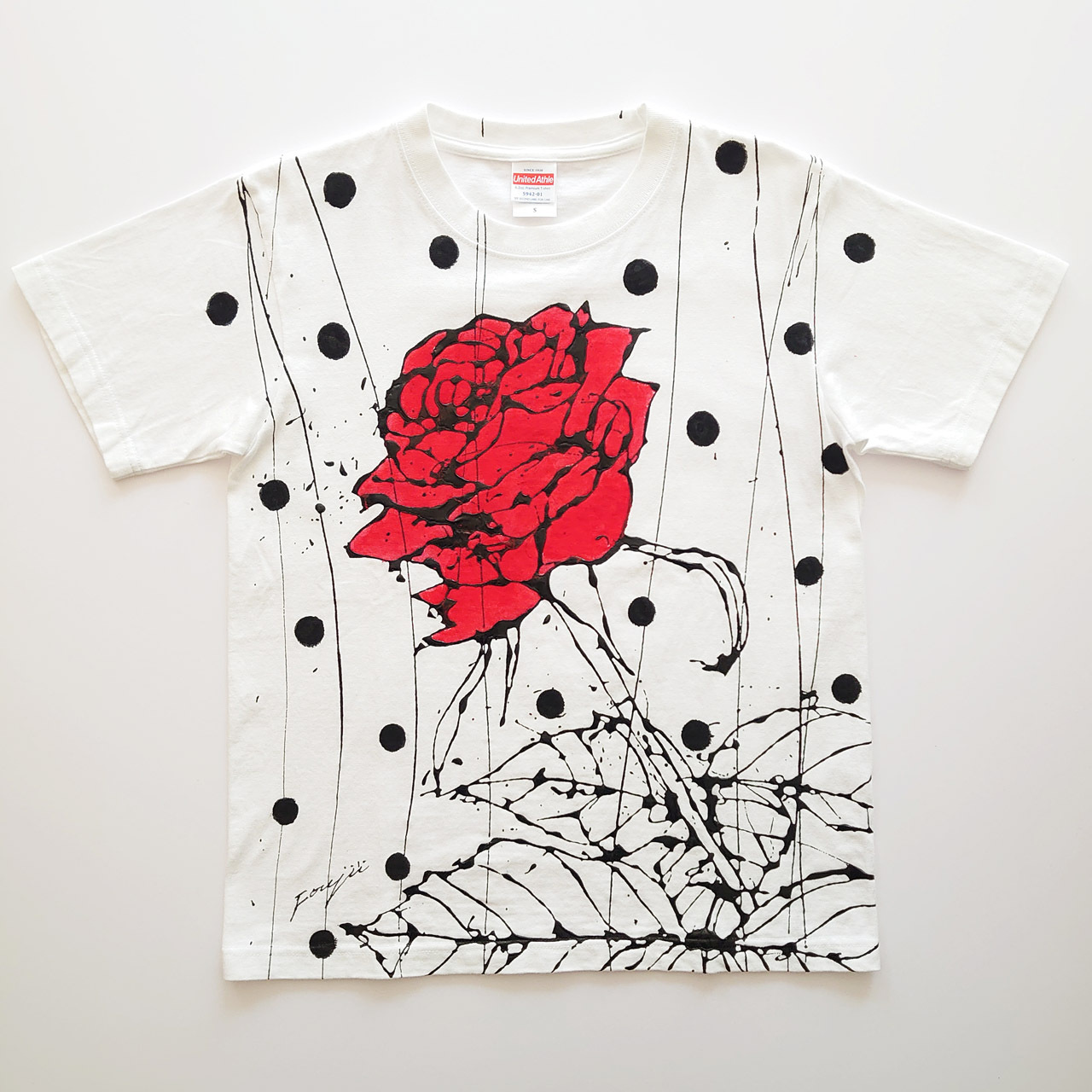 F S Rose 藤井清秀 Tシャツアート レッド薔薇 ブラックドット S Vivideep Maison