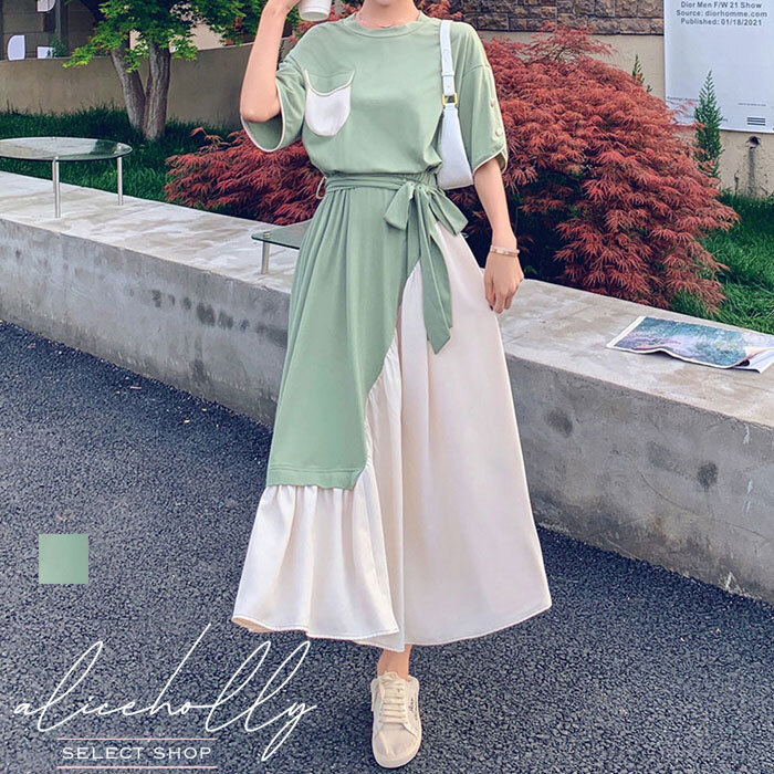 オルチャンファッション 韓国レディースファッション Ah0803 フェミニン フレア ワンピース アシンメトリー ウエストマーク リボン 流行オルチャンファッション 人気のプチプラ韓国レディースファッション新作通販 Aliceholly