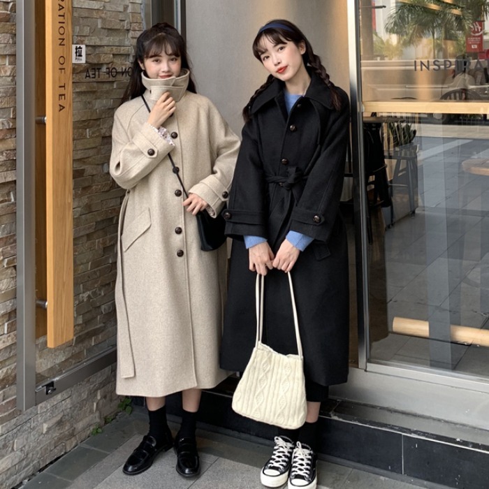 送料無料 大人可愛いコーデに ハイネック アプリコット ベージュ ロング ウールコート 冬 アウター シンプル レトロ ウエストマーク Lamitte Deco トレンド 韓国ファッション ショップ