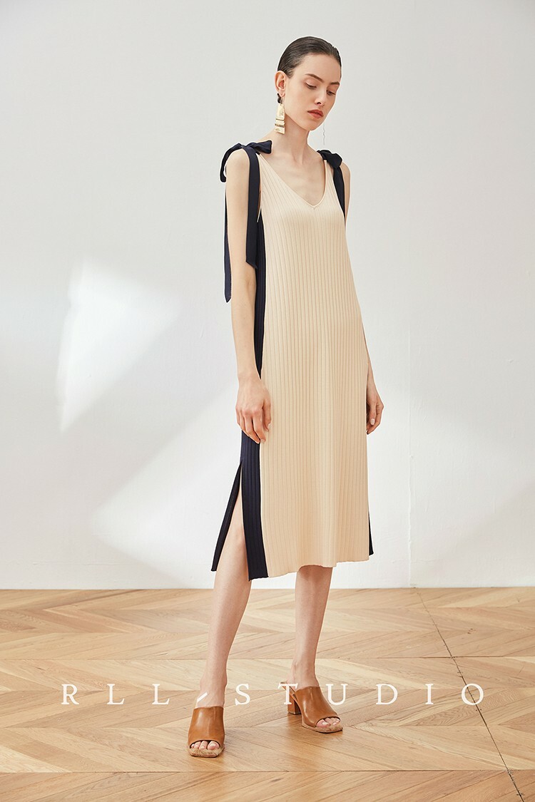 大人 ガーリー レトロ 肩リボン バイカラー ワンピース タイト 膝丈 ノースリーブ 白黒 レディース ドレス Vネック セーター ニット風 ロング ワンピ タンクトップワンピース スリットスカート ブラック アプリコット コットン エレガント セクシー 無地 体型カバー 脚長