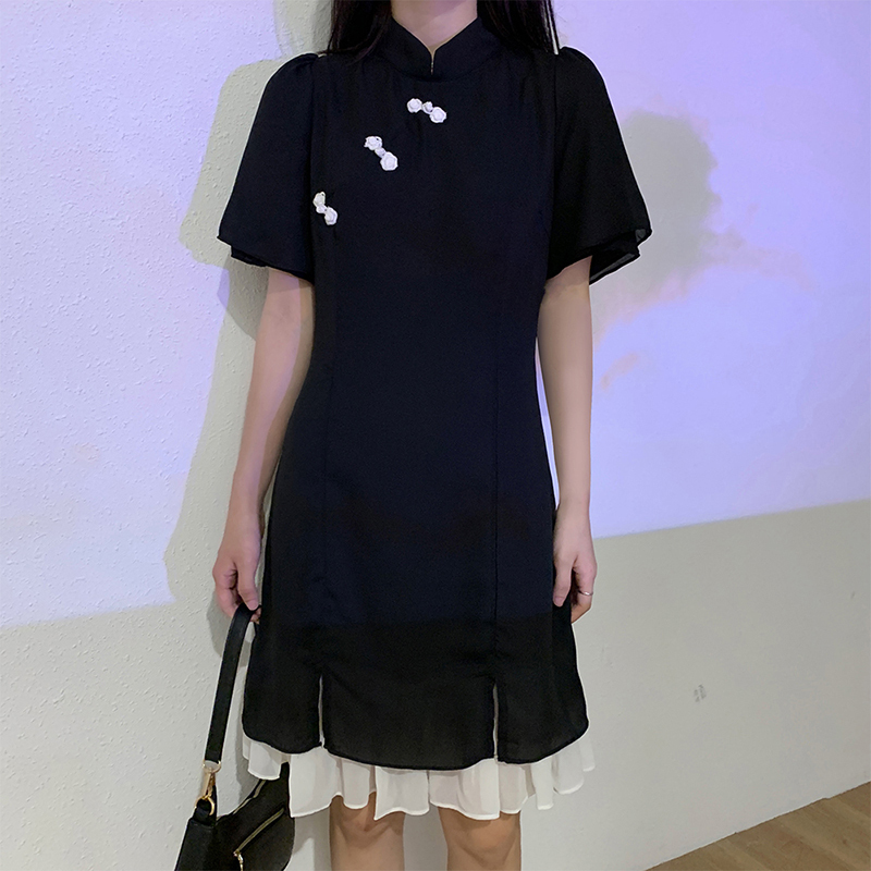 Kekeシリーズ チャイナ風ワンピース レトロ 着痩せ デート 女子会 普段着 中華服 ブラック 黒い Elegant