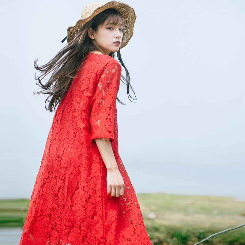 ロング丈ワンピース ロングドレス レースワンピース カジュアルワンピース レディースファション ラウンドネック 七分袖 ロング丈 エレガント ブラック レッド ホワイト 黒い 白い 赤い 大きいサイズ M L Ll 3l ゆったり 着痩せ Elegant