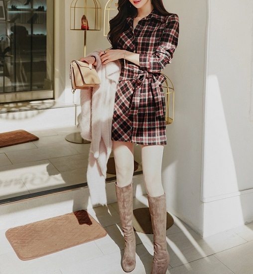 チェック柄シャツワンピース 秋冬コーデ ワンピース ショート ミニ丈 七分袖 脚長効果 オシャレ チェック柄 シャツワンピース トレンド シャツ ワンピ チェック シャツワンピ ローブ風 秋 冬 長袖 上品 韓国レディース キッズファッション Londonbridge ロンドン