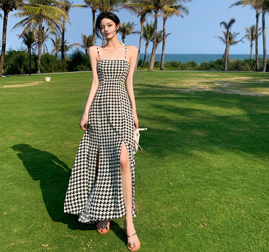 千鳥格子柄 ロング キャミワンピース スリット 千鳥柄 ロングワンピース ロングスカート ｒ５３３ Rumina Select Shop