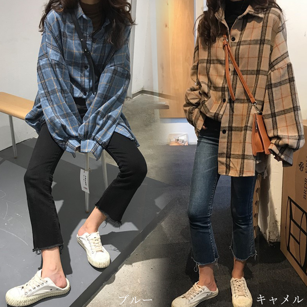 チェックシャツ レディース 長袖 ネルシャツ 秋冬 ゆったり カジュアル 開襟シャツ 韓国 即納 Souvenir Ricoris