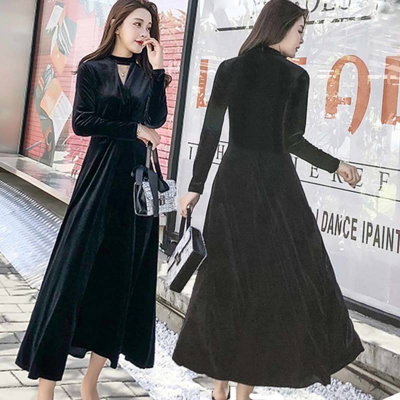 ワンピース レディース ロングワンピース レトロワンピース ベルベット ハイウエスト Vネック カシュクール ワンピ ドレス Happy Toon