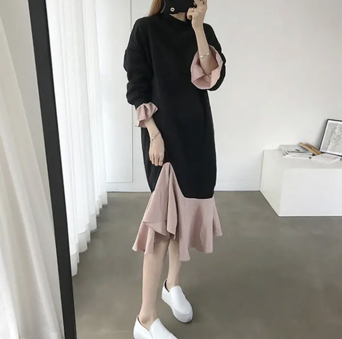 韓国レディースファッション 6294 アシンメトリー 異素材mix ドッキング ワンピース 人気プチプラレディース韓国 ファッション新作通販 Aliceholly アリスホーリー