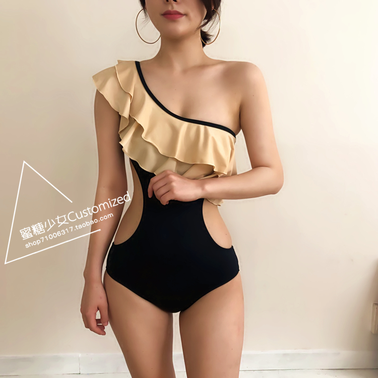 レトロ セクシー ワンショルダー モノキニ ワンピース 水着 ビキニ レディース ブラック 黒 バイカラー フリル カット バックコンシャス 大人 エレガント Cute エロカワ ガーリー スタイルアップ 脚長効果 体型カバー モテ 男ウケ ビーチウェア リゾートファッション