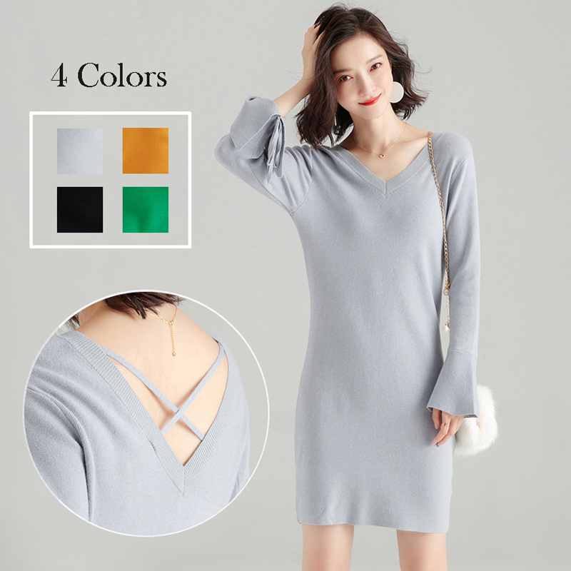 ニットワンピース フレアスリーブ Vネック 膝の上 長袖 エレガント 着痩せ ブルー グリーン ブラック イエロー S M L Elegant