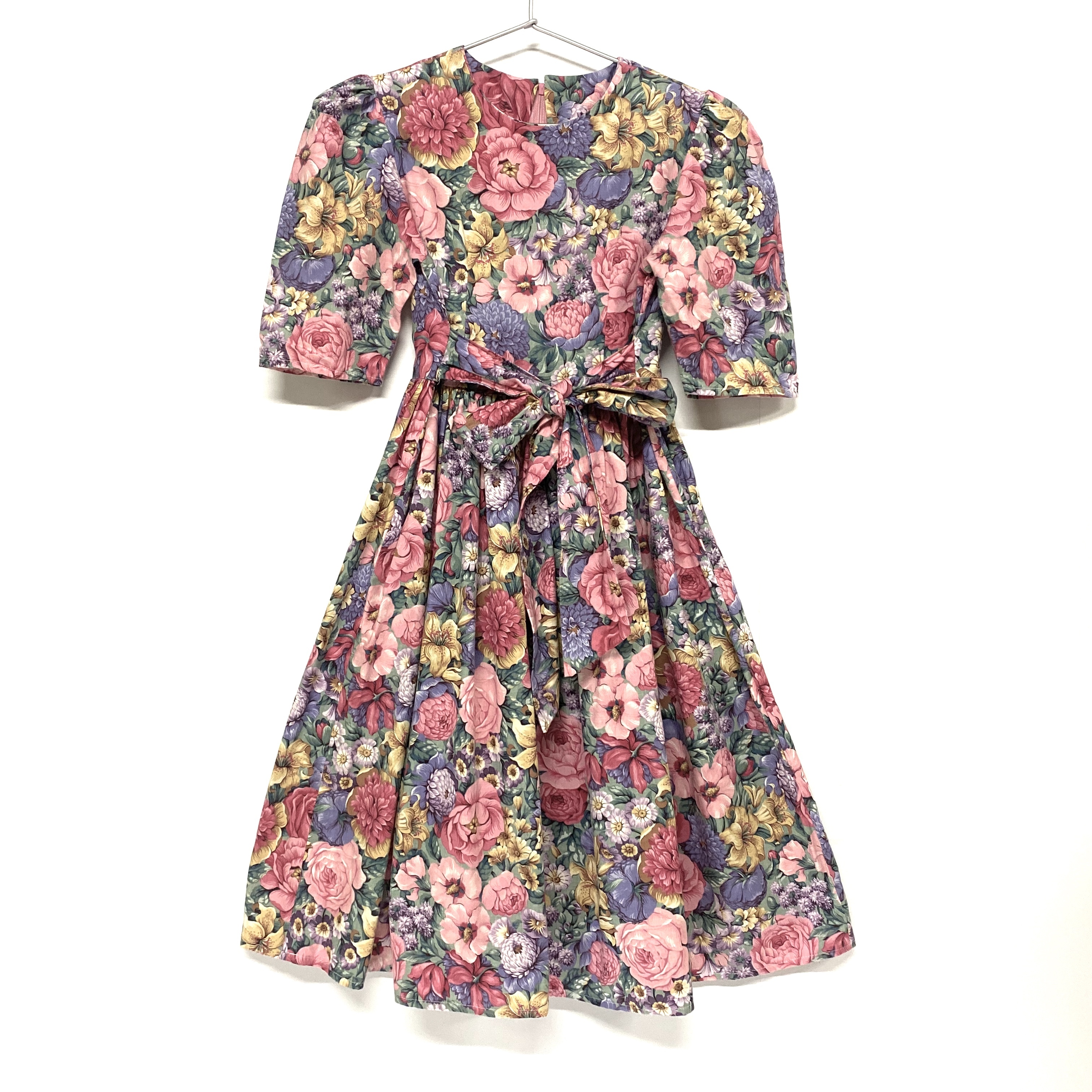 ヴィンテージ ミニ丈 花柄 総柄 パフスリーブ 半袖 ギャザー ワンピース ウエスト紐付き Talonジップ レディース S相当 古着 ワンピース Cave 古着屋 公式 古着通販サイト