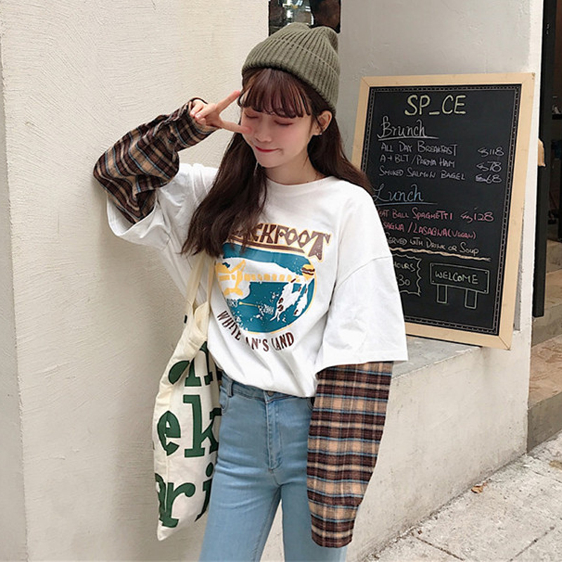 フェイク重ね着 プリントtシャツ 2色 袖チェック チェック柄 カットソー ドロップショルダー 長袖 ゆったり More Lluze モア ルーゼ