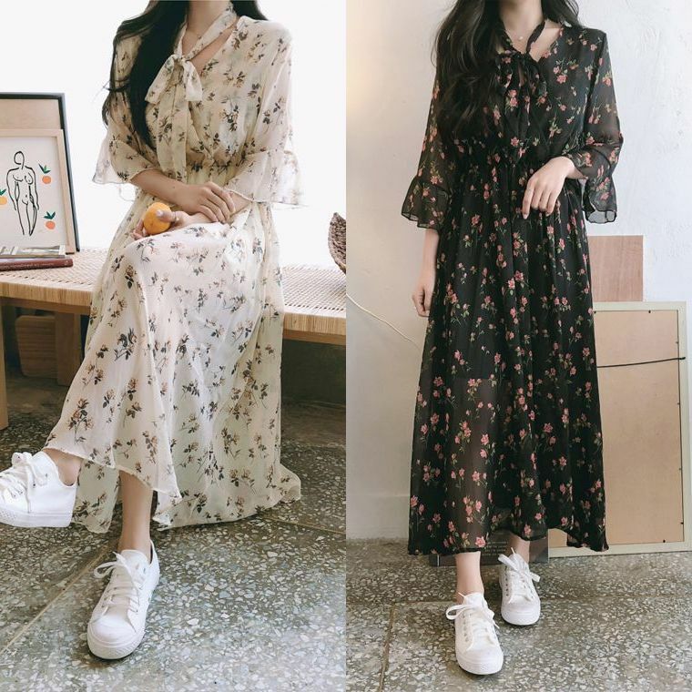 レディース 花柄レースワンピース ボウタイ リボン ガーリー ウエストゴム フェミニン 韓国ファッション オルチャン Sweet Little Flower Chiffon Long Dress Dct Value Rave Notice バリューレイヴノーティス 韓国ファッションやハワイアン